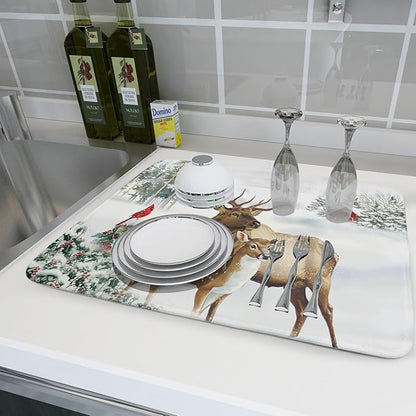 Giwawa Winter Deer Dish Drying Mat 18"x24" Xmas Tree Bird Holly Berry Dish Drainer Mats Elk Moose Snow Cottage Farmhouse Reversible Large Dish Drying Pad Protector for Kitchen Countertop Decor