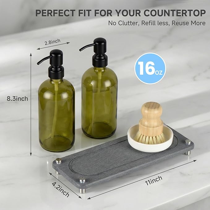 2 Pack Kitchen Soap Dispenser Set - 16oz Green Glass Dish and Hand Soap Dispenser with Stainless Steel Pump, Instant Dry Tray, Dish Brush & Holder, Refillable Countertop Sink Decor for Kitchen & Bath - Image 5