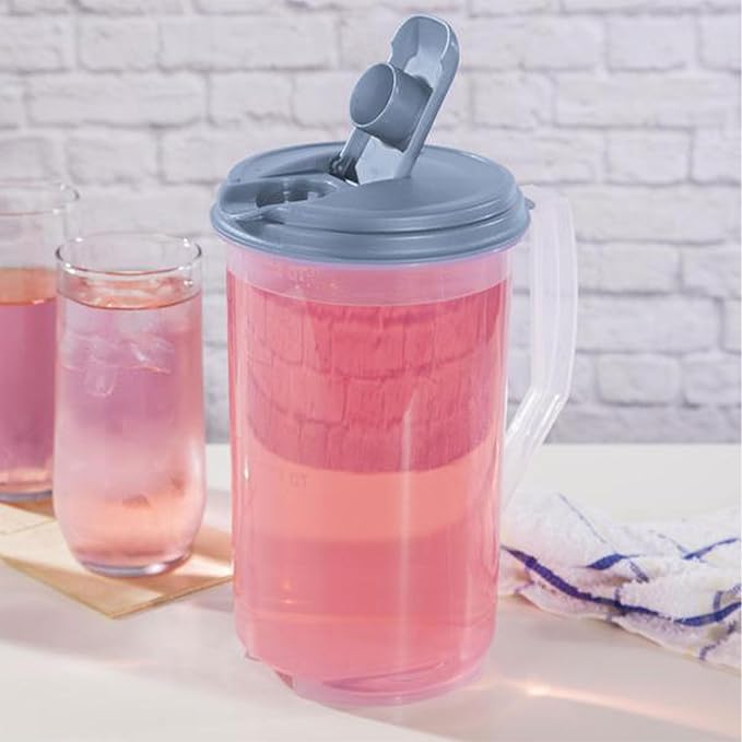 Sterilite 2 Quart Clear Round Plastic Pitcher, Dishwasher Proof with Blue Lid, Spout, and Handle for Easy Pouring, Washed Blue, 12-Pack - Image 5