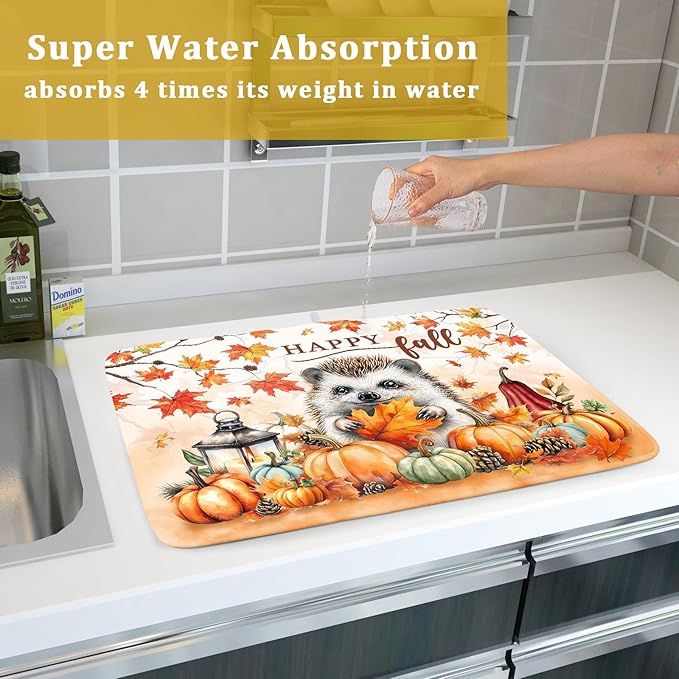 Happy Fall Dish Drying Mat - Large Absorbent Microfiber Drying Pad for Kitchen Counter 18 X 24 in Yellow - Image 7