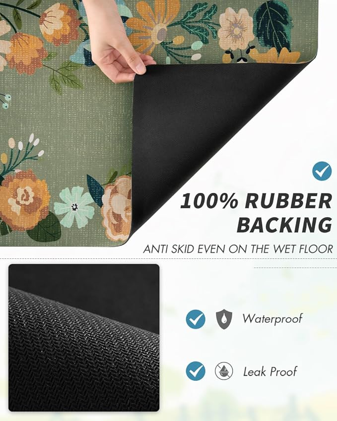 AMOAMI Coffee Mat Hide Stain Rubber Backed Absorbent Dish Drying Mat for Kitchen Counter - Fits Under Coffee Maker or Machine - Floral GREEN 17x31.5 - Image 4