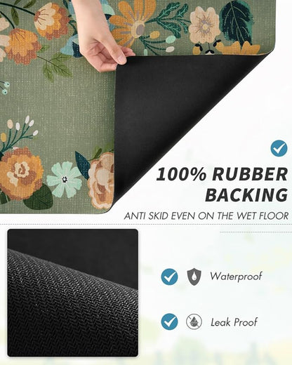 AMOAMI Coffee Mat Hide Stain Rubber Backed Absorbent Dish Drying Mat for Kitchen Counter - Fits Under Coffee Maker or Machine - Floral GREEN 17x31.5 - Image 4