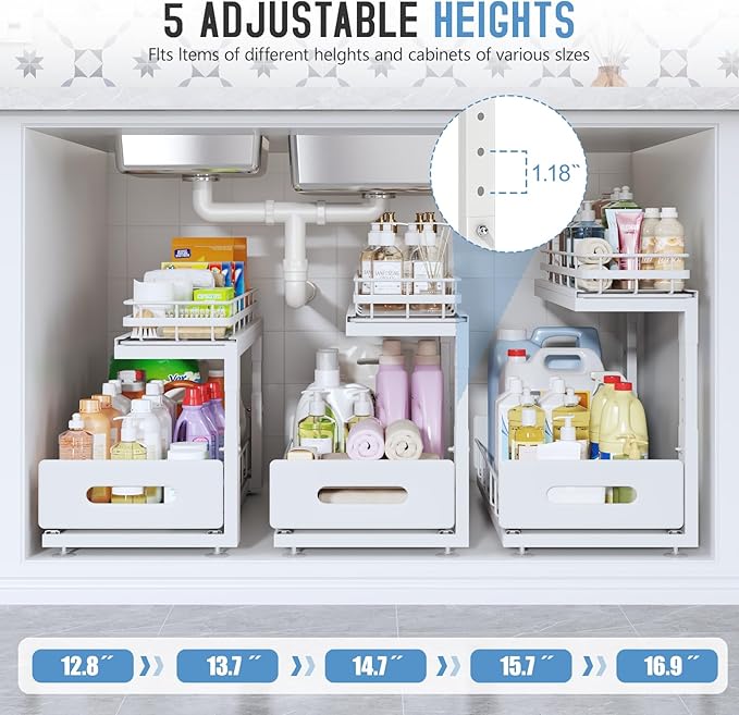 Under Sink Organizer Upgrade To Professional Rails,2-Tier Dual Pull Out Cabinet Storage,Height Adjustable Slide Out Drawers For Bathroom Kitchen,2 Pack-18.5"Dx12.8"-16.9"H,White - Image 6