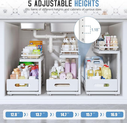 Under Sink Organizer Upgrade To Professional Rails,2-Tier Dual Pull Out Cabinet Storage,Height Adjustable Slide Out Drawers For Bathroom Kitchen,2 Pack-18.5"Dx12.8"-16.9"H,White - Image 6