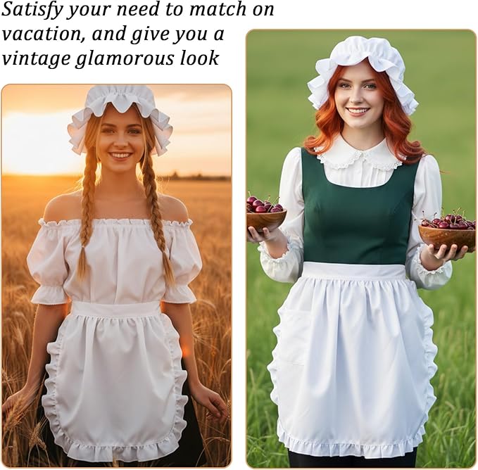 Tucnoeu 2pcs White Mob Cap Half Apron Halloween Colonial Costume Set Women Pilgrim Costume Accessories for Maid Girl Cosplay