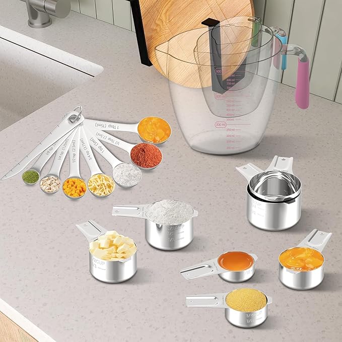 Stainless Steel Measuring Cups and Spoons Set, 6 Stainless Steel Measuring Cups, 7 Measuring Spoons & 1 Leveler, 3 Plastic Measuring Cup with 1 Measuring Conversion Chart - Image 2