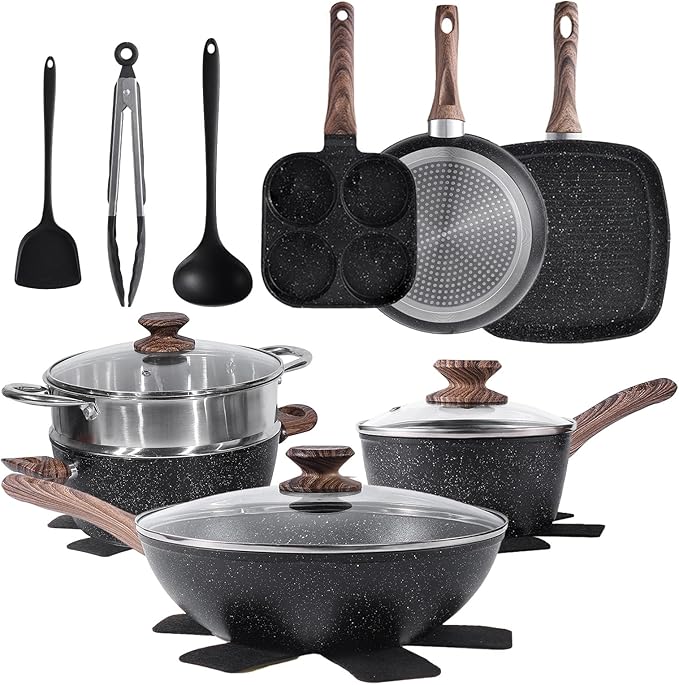 17 Pcs Pots and Pans Set, Nonstick & Non-Toxic Healthy Pots and Pans, Heat-Resistant Handles, Induction Cookware Sets with Frying Pans, Black