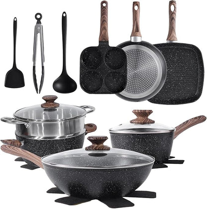 17 Pcs Pots and Pans Set, Nonstick & Non-Toxic Healthy Pots and Pans, Heat-Resistant Handles, Induction Cookware Sets with Frying Pans, Black