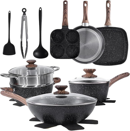 17 Pcs Pots and Pans Set, Nonstick & Non-Toxic Healthy Pots and Pans, Heat-Resistant Handles, Induction Cookware Sets with Frying Pans, Black
