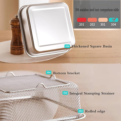 Square Colander Set, 304 Stainless Steel with PE Lid, Storage Container, Tofu Drainer, Back of House Preparation, Washing and Drainage Tools, Refrigerator Storage, Picnic Party (2000ML)