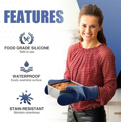 Silicone Oven Mitts, Heat Resistant 2PCS Oven Mitts with Soft Cotton Lining, Waterproof Non-Slip Grip Oven Glove, Kitchen Potholder Mits for BBQ, Baking, Cooking, 12.5 Inch - Dark Blue - Image 4