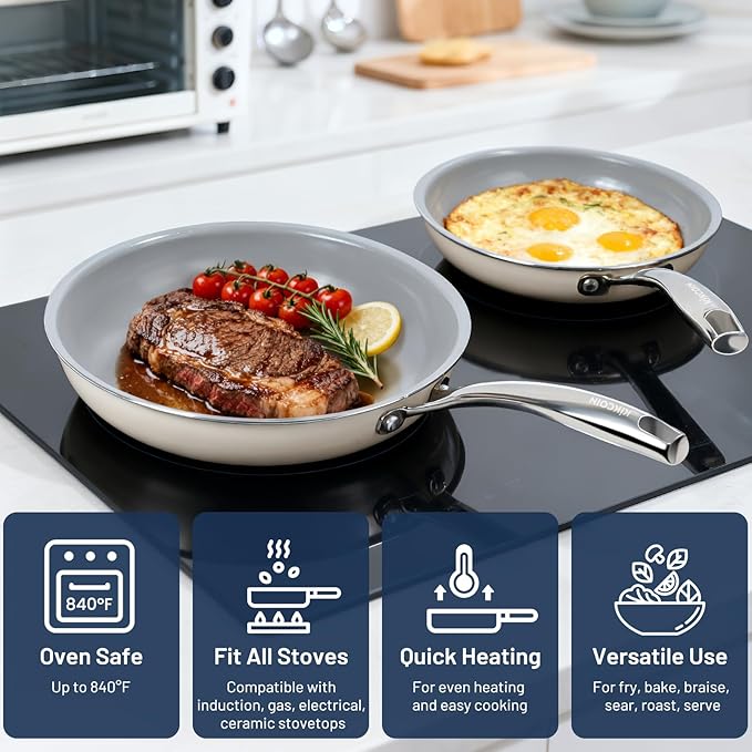 Kikcoin Non Stick Frying Pans, 3 Pack Ceramic Frying Pan for Cooking, 8+9.5+11 Inch Omelette Pans Set with Stay Cool Handle, Induction Ready, Free of PFAS PFOA PTFE, Oven/Dishwasher Safe - Image 5