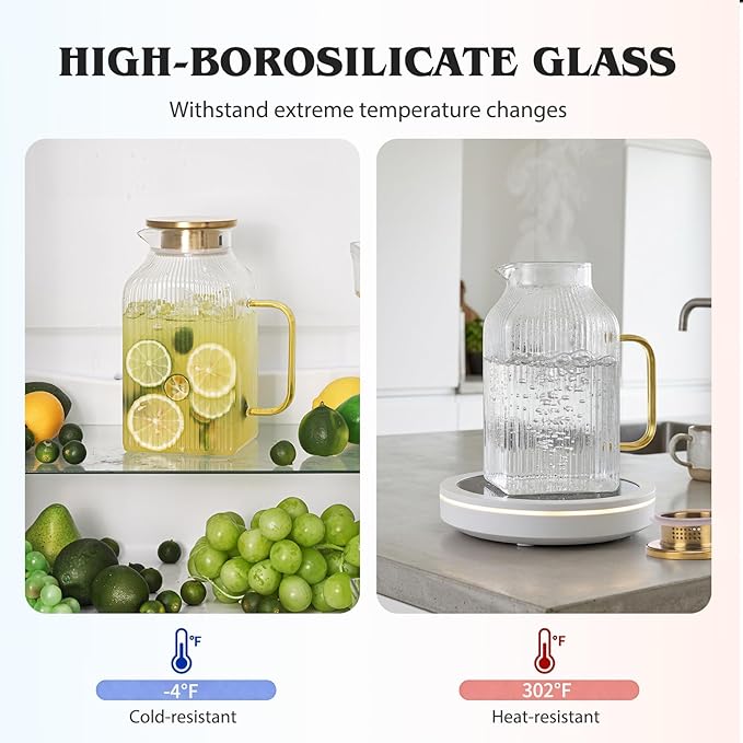 2 Pack 68oz/2 Liter Square Glass Pitcher with Handle and Lid, Classic Stripes Glass Water Pitcher with Handle for Fridge, Iced Tea, Coffee, Borosilicate Glass Carafe for Hot/Cold Brew Drink
