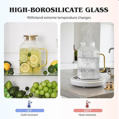 2 Pack 68oz/2 Liter Square Glass Pitcher with Handle and Lid, Classic Stripes Glass Water Pitcher with Handle for Fridge, Iced Tea, Coffee, Borosilicate Glass Carafe for Hot/Cold Brew Drink