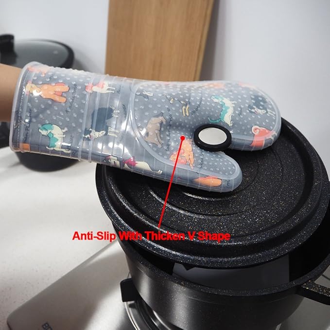 Oven Mitts Set of 2 with Transparent Clear Silicone Shell and Nice Dog Printing Cotton Lining, Heat Resistant to 500 F Kitchen Oven Gloves Pot Holder for Cooking (Gray) - Image 3