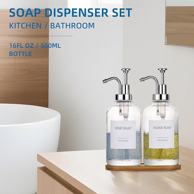 Glass Soap Dispenser with Pump, Dish and Hand Soap Dispenser for Kitchen Bathroom Set, Clear Glass Dispenser Set of 2 Pack with 18 Stickers Funnel Bamboo Tray 500ml 18oz / Each Bottle Sliver Pump - Image 4