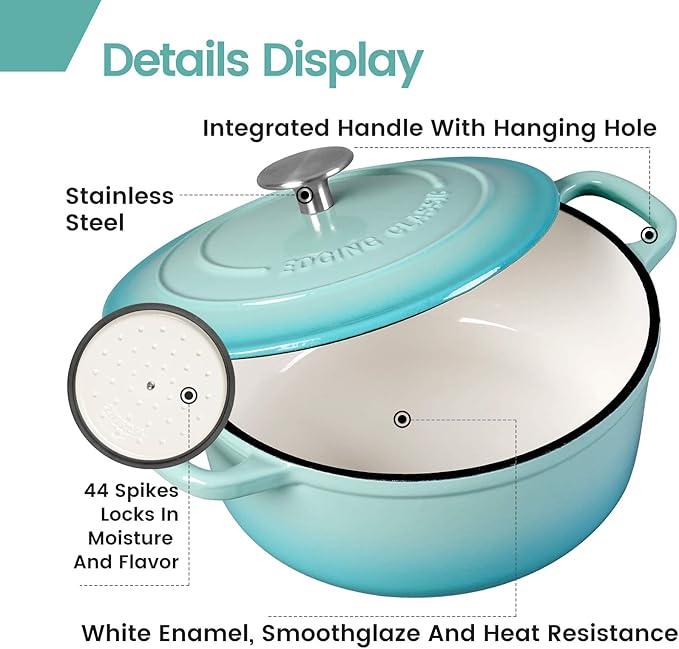 EDGING CASTING Enameled Cast Iron Covered 5.5 Quart Dutch Oven with Dual Handle for Bread Baking, Dutch Ovens with Lid, Peacock Blue - Image 4