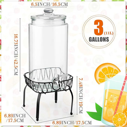 Honeydak 1 Pack 3 Gallon Glass Beverage Dispenser with Stand and Spigot Leakproof Glass Drink Beverage Storage Lemonade Juice Jar Mason Jar Dispenser with Lids for Valentine's Wedding Parties Kitchen