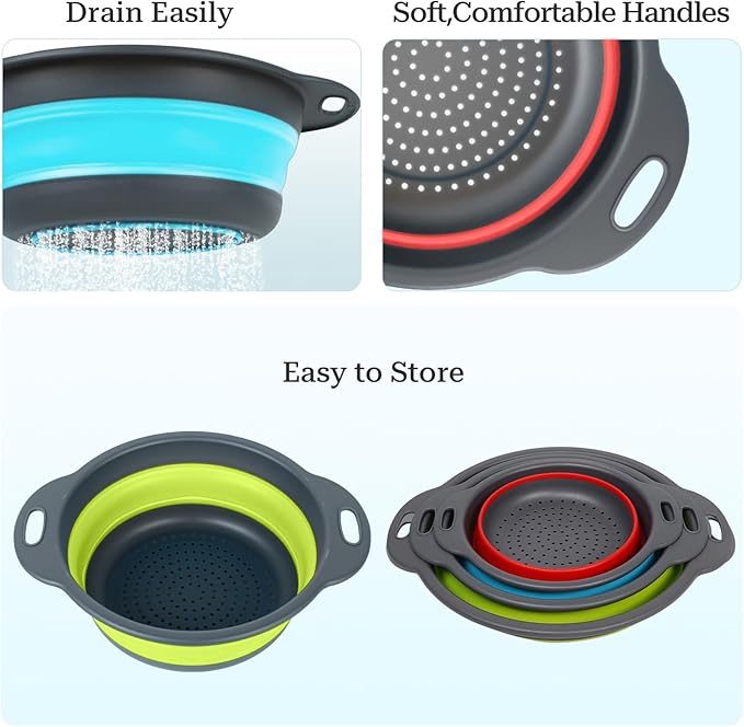 Collapsible Colander 3-Pack Set Space-Saving Foldable Kitchen Strainer with Non-Slip Base Durable Thickened PP+TPE Collapsible Strainers for Pasta, Vegetables, Fruits (Gray-Blue-Red-Green) - Image 4