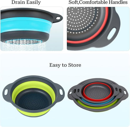 Collapsible Colander 3-Pack Set Space-Saving Foldable Kitchen Strainer with Non-Slip Base Durable Thickened PP+TPE Collapsible Strainers for Pasta, Vegetables, Fruits (Gray-Blue-Red-Green) - Image 4