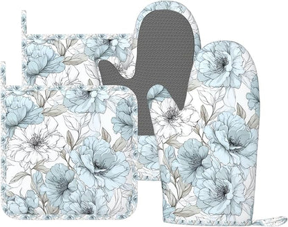 Oven Mitts and Pot Holders Set, Vintage Pastel Flower Peony Silicone Kitchen Accessories 4 Piece Heat Resistant Long Gloves Potholder Non-Slip Grip for Chef Cooking Baking Grilling BBQ
