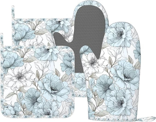 Oven Mitts and Pot Holders Set, Vintage Pastel Flower Peony Silicone Kitchen Accessories 4 Piece Heat Resistant Long Gloves Potholder Non-Slip Grip for Chef Cooking Baking Grilling BBQ