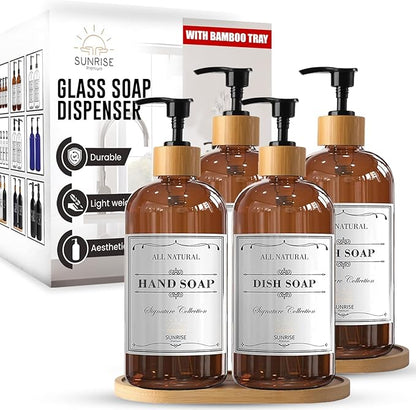 Sunrise Premium 16 OZ Thick Amber Glass Soap Dispenser, Bamboo Pump with Tray 4 Pack, Hand and Dish Soap Dispenser Set for Bathroom with 12 Waterproof Labels by SunrisePremium