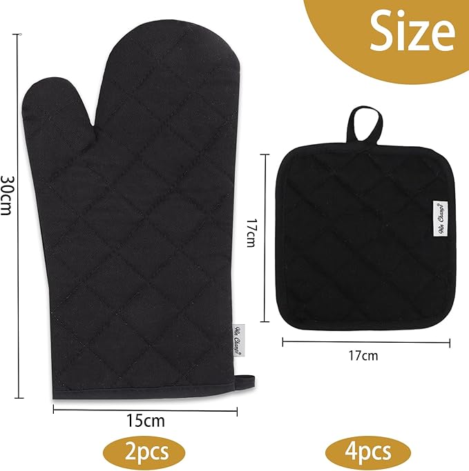 Oven Mitts and Pot Holders Sets,6 Pcs Oven Mitts and Potholders with Recycled Cotton High Heat Resistant Extra Thick Long Oven Mitts for Cooking(Black) - Image 3