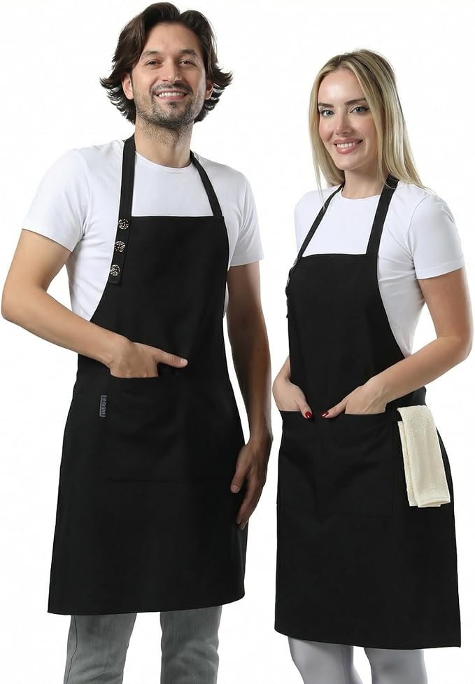 TOSHE Kitchen Apron Waterdrop Resistant Cotton Apron with adjustable Aprons for Women with Pockets Cooking Apron (2 Pack - Black) by TOSHE