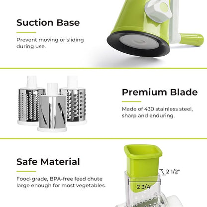 X Home Rotary Cheese Grater for Kitchen, Shredder with 3 Interchangeable Blades, Rotary Grater with Handle and Strong Suction Base, for Vegetables, Fruit, Nuts, Easy to Use and Clean, Green - Image 6