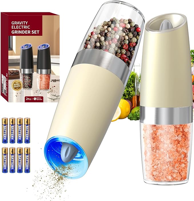 CIRCLE JOY Gravity Electric Salt and Pepper Grinder Set Automatic Salt and Pepper Grinder Set with LED Light, Battery Operated, Adjustable Coarseness, Large Capacity, for Home Kitchen BBQ, Beige by CIRCLEJOY