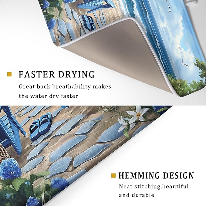 Summer Beach Dish Drying Mat 18x24 Inch Sea Shells Flowers Kitchen Mats Blue Microfiber Absorbent Dish Drainer Rack Mats Non-Slip Ocean Themed Sink Dishes Pad for Kitchen Counter Coffee Bar
