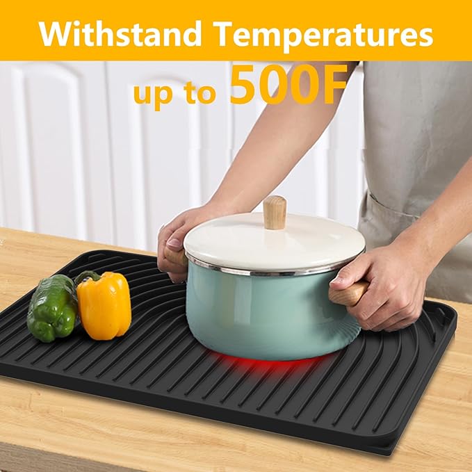 Silicone Dish Drying Mat for Kitchen Counter , Dish Drying Rack Mat with Built in Drain, 18 Inch Drying Mats for Dishes Dry Pad for Kitchen Counter,Not applicable Bumps up sink (18×12inch, black)