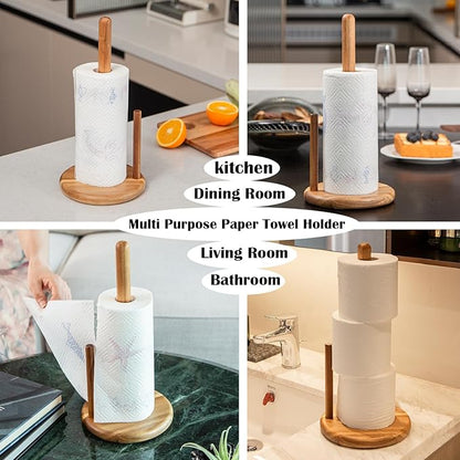 14" Acacia Wooden Paper Towel Holder, 6.7" Large Heavy Base Wooden Kitchen Towel Roll Stand Organizer Free Standing, Rustic Farmhouse Paper Towel Holder Stand, Standing Paper Towel Roll Holders Wood