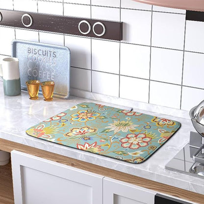 Boho Floral Kitchen Dish Drying Mat for Dishes 16x18 Inch Vintage Mandala Colorful Flowers Drying Mat Green Bohemian Dish Drainer Mat Super Absorbent Dish Rack Pad for Coffee Bar Sinks - Image 5