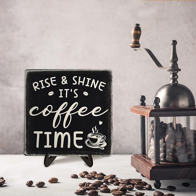 Farmhouse Coffee Bar Sign, Rise & Shine It's Coffee Time Desk Wooden Sign, 5.9"x5.9" Wood Plaque with Stand Gift for Home Kitchen Tabletop Decor,Cafe Bar Decor(Black) - Image 6