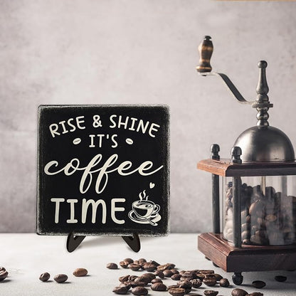 Farmhouse Coffee Bar Sign, Rise & Shine It's Coffee Time Desk Wooden Sign, 5.9"x5.9" Wood Plaque with Stand Gift for Home Kitchen Tabletop Decor,Cafe Bar Decor(Black) - Image 6