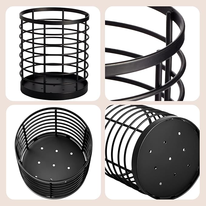 WDT Tool Utensil holder for Kitchen Counter - 5.2" x 5.2" x 6" Large Round Utensils Holder with Wooden Base Matte Black Cooking Utensil Holder，Kitchen countertop Utensil Organizer (Metal) - Image 2