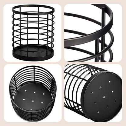 WDT Tool Utensil holder for Kitchen Counter - 5.2" x 5.2" x 6" Large Round Utensils Holder with Wooden Base Matte Black Cooking Utensil Holder，Kitchen countertop Utensil Organizer (Metal) - Image 2