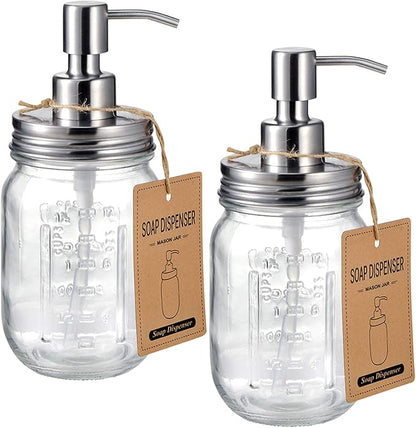 Amolliar Mason Jar Liquid Soap Dispenser, Stainless Steel Mason Jar Lid & Pump, Refillable Hand Soap Dispenser, Lotions, Dish Soap Bottle for Kitchen Bathroom, Bathroom Decor, Brushed Nickel 2 Pack by Amolliar