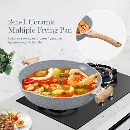 AIKENBBKK Ceramic Frying Pan with Lid, 14 Inch Saute Pan, Non Stick Frying Pans, 2-In-1 Large Cooking Pan, Nonstick Skillet, Compatible with All Stoves, PTFE & PFOA Free, Blue - Image 3