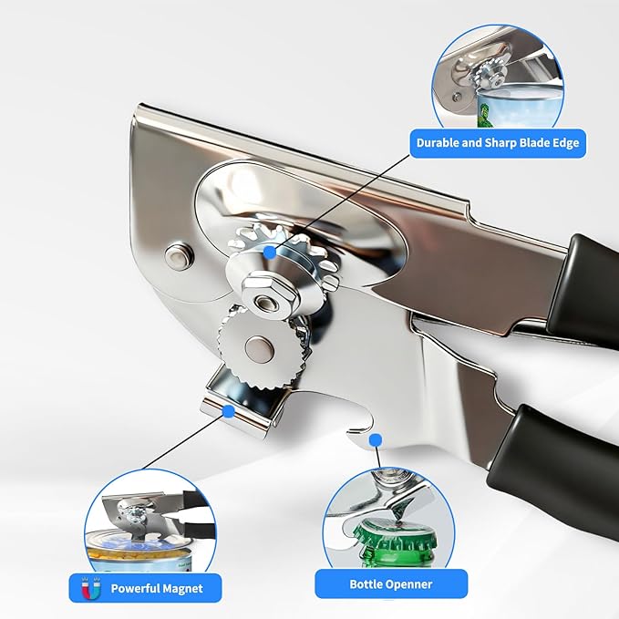 Heavy Duty Manual Can Opener with Magnet, Smooth Edge No Sharp Edges, Extra Long Easy-Grip Non-Slip Handle for Seniors Arthritis & Weak Hands, Food Grade Stainless Steel for Kitchen Camping RV