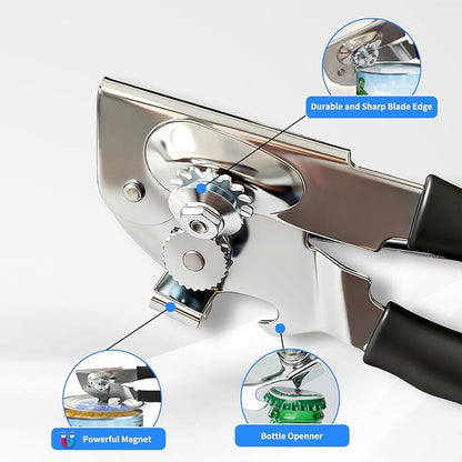 Heavy Duty Manual Can Opener with Magnet, Smooth Edge No Sharp Edges, Extra Long Easy-Grip Non-Slip Handle for Seniors Arthritis & Weak Hands, Food Grade Stainless Steel for Kitchen Camping RV