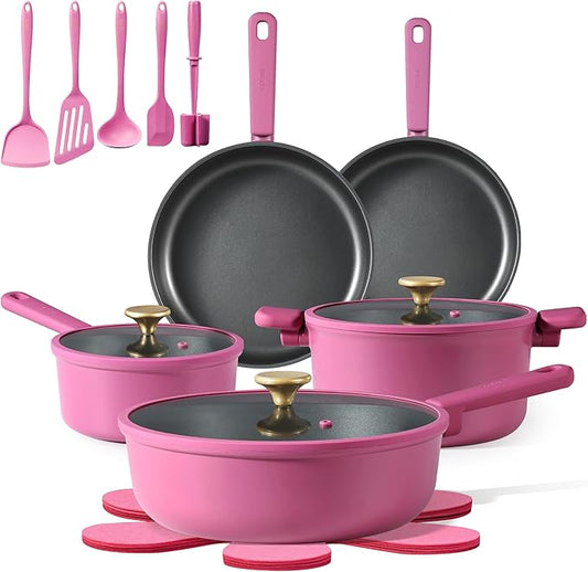CAROTE Non Stick Pots and Pans Set, Cookware Sets Nonstick, Kitchen Cooking Set with Stay-Cool Handles,with Silicone Tools and Pot Protectors,16 Piece by CAROTE