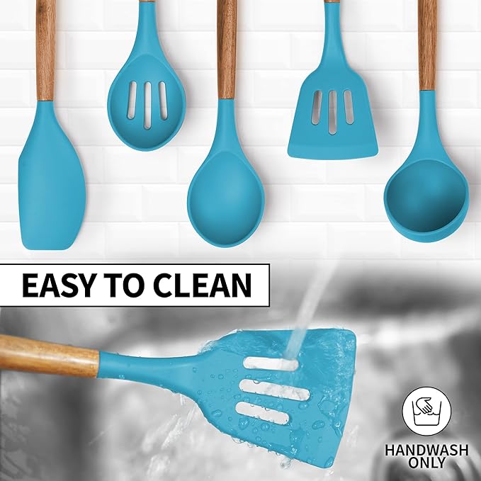 Zulay Kitchen Non-Stick Cooking Utensils Set with Authentic Acacia Wood Handles – 5-Piece Durable & Stylish Silicone Kitchen Utensils Set – Heat Resistant to 464°F – Blue - Image 7