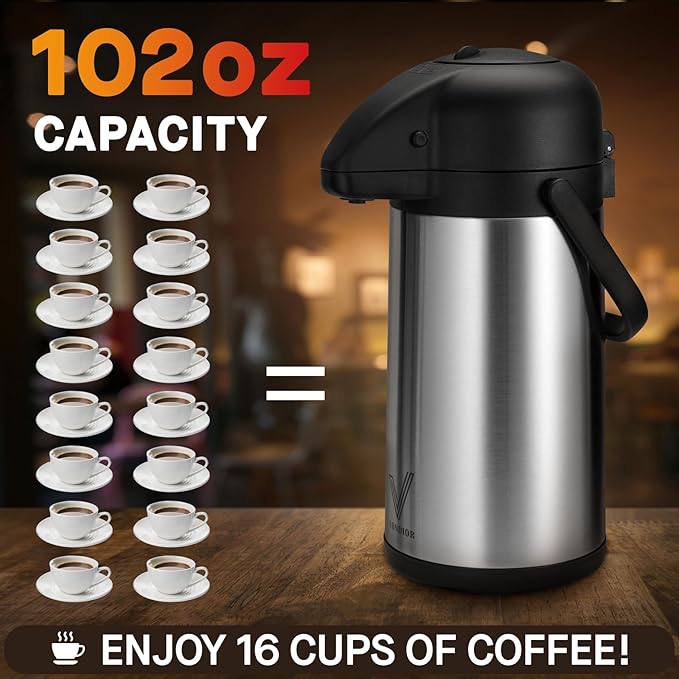 Airpot Coffee Dispenser with Pump - 2Pcs 102 oz Insulated Stainless Steel Coffee Carafe - Thermal Beverage Dispenser - Coffee Urn for Hot/Cold Water, Party Chocolate Drinks - Image 4