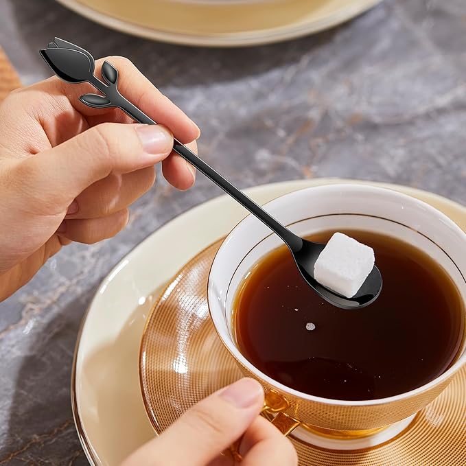 Black Tulip/Rose Handle 12-Pcs Mini Coffee Spoons Set - 6" Stainless Steel for Espresso, Tea, Dessert - Ideal for Demitasse & Small Servings - Image 4