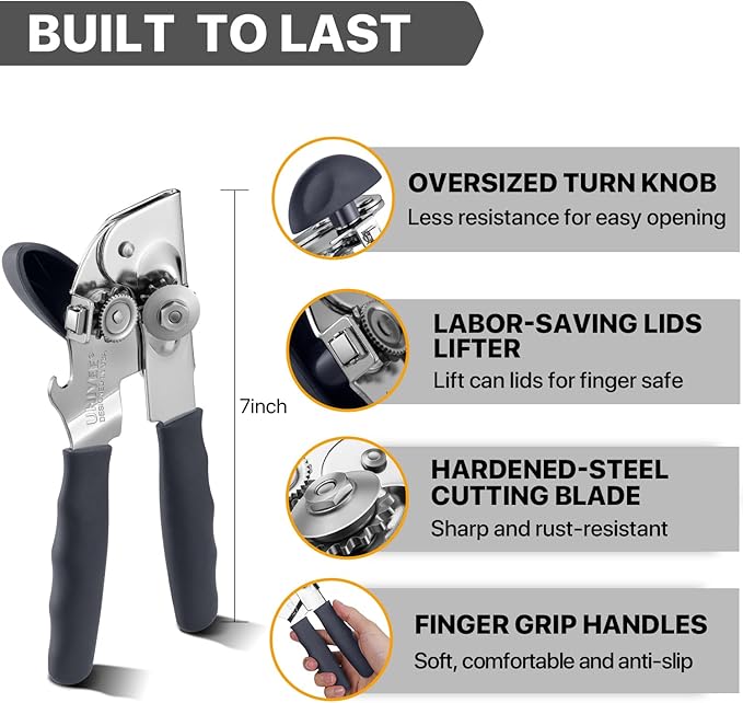 Can Opener Manual Heavy Duty, UHIYEE Hand Held Can Openers for Seniors with Comfort Grip Sharp Blade, Solid Steel Hand Manual Can Open with Magnet for Kitchen Camping, Gray - Image 2