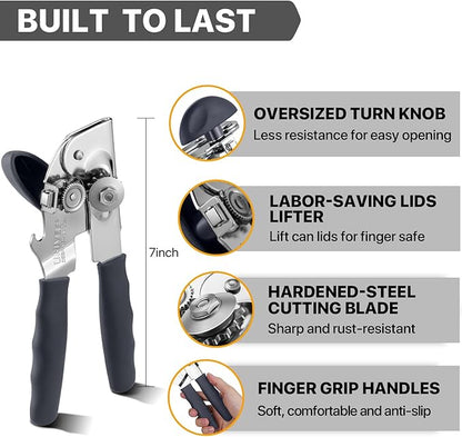 Can Opener Manual Heavy Duty, UHIYEE Hand Held Can Openers for Seniors with Comfort Grip Sharp Blade, Solid Steel Hand Manual Can Open with Magnet for Kitchen Camping, Gray - Image 2