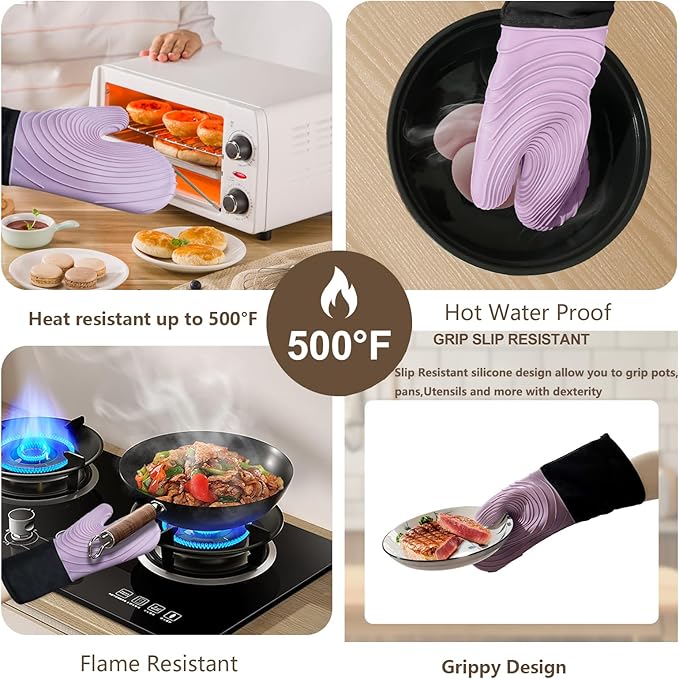 Silicone Oven Mitts-13.6 in Extended Oven Mitts Heat Resistant 500F, Oven Gloves with Soft Liner Good Grippy BPA-Free Easy to Clean Flexible-Oven Mits Set for Cooking Baking Grilling BBQ - Image 4